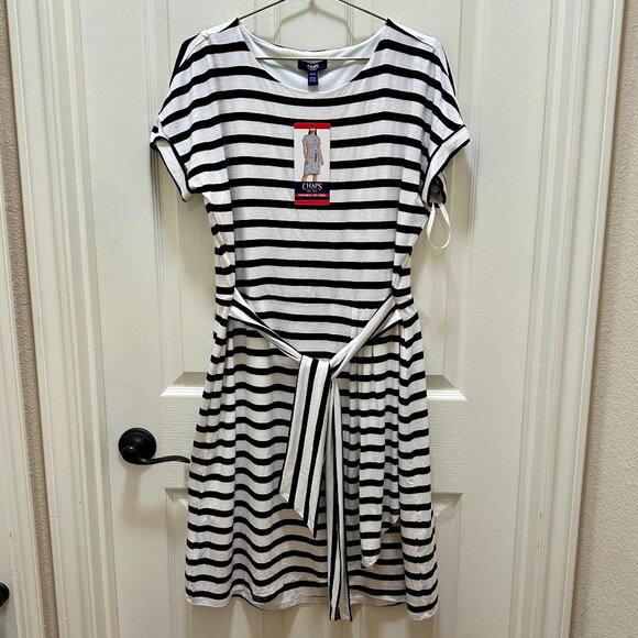 New Chaps Women's Stretch Knit Midi Dress Size M Stripe Nautical Coastal Beach - Picture 1 of 12